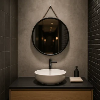 Espelho circular com um design contemporâneo, ideal para um espaço com linhas modernas.